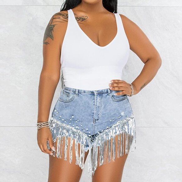 Women Denim Shorts Rhinestone Pearl Beaded Fringe High Waisted Summer Casual - Picture 6 of 6